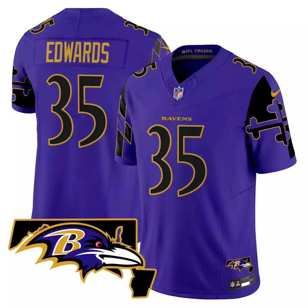 Gus Edwards 35 Ravens Jersey Purple Men Player Black Gold Limited Vapor All Stitched