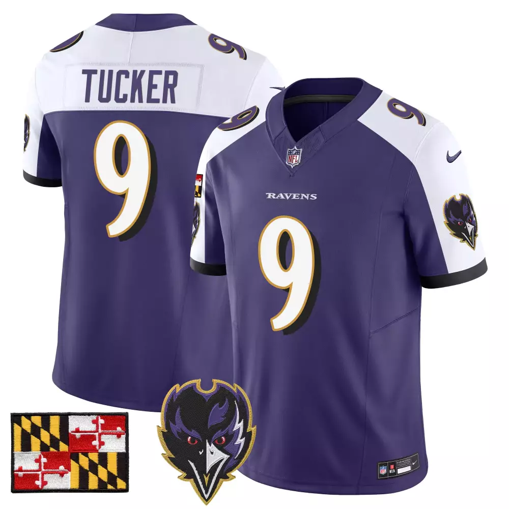 Justin Tucker 9 Ravens Jersey Purple Maryland Flag Men White Gold Alternate Vapor