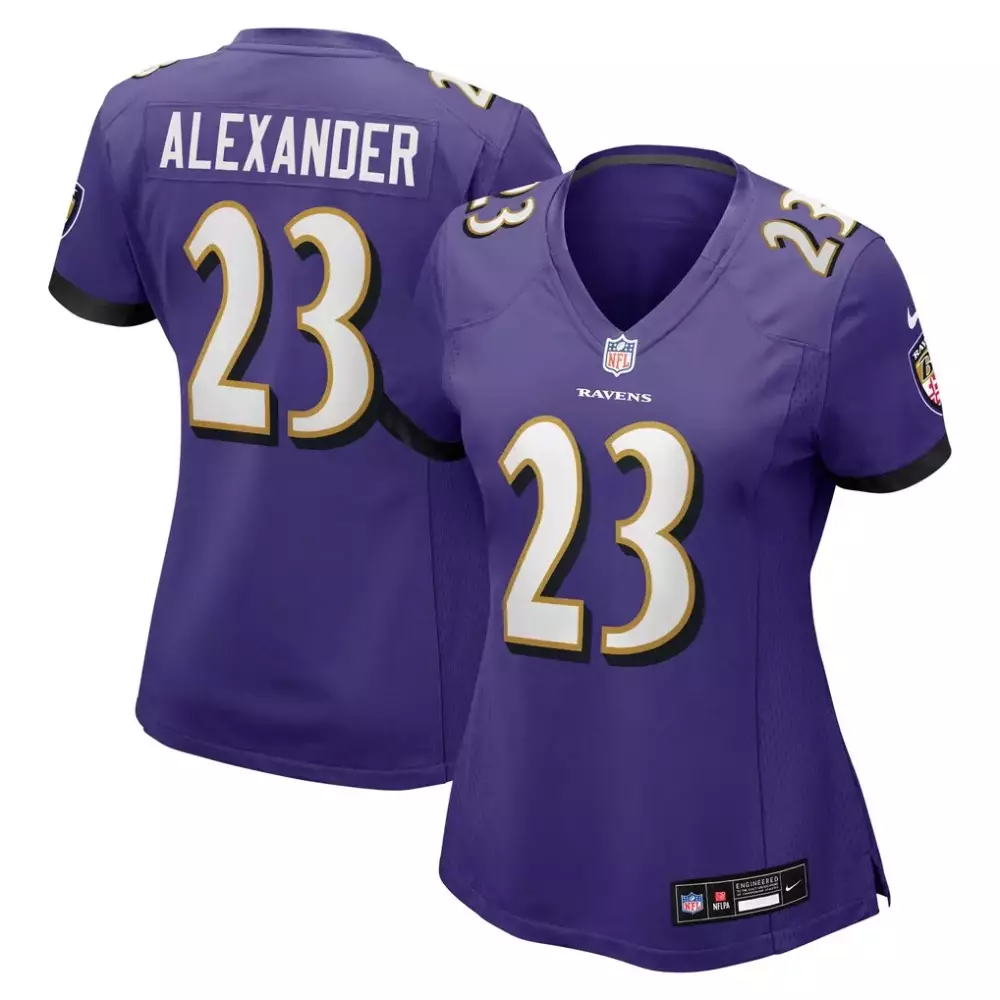 Jaire Alexander 23 Ravens Jersey Purple Women Replica White Gold Black Game