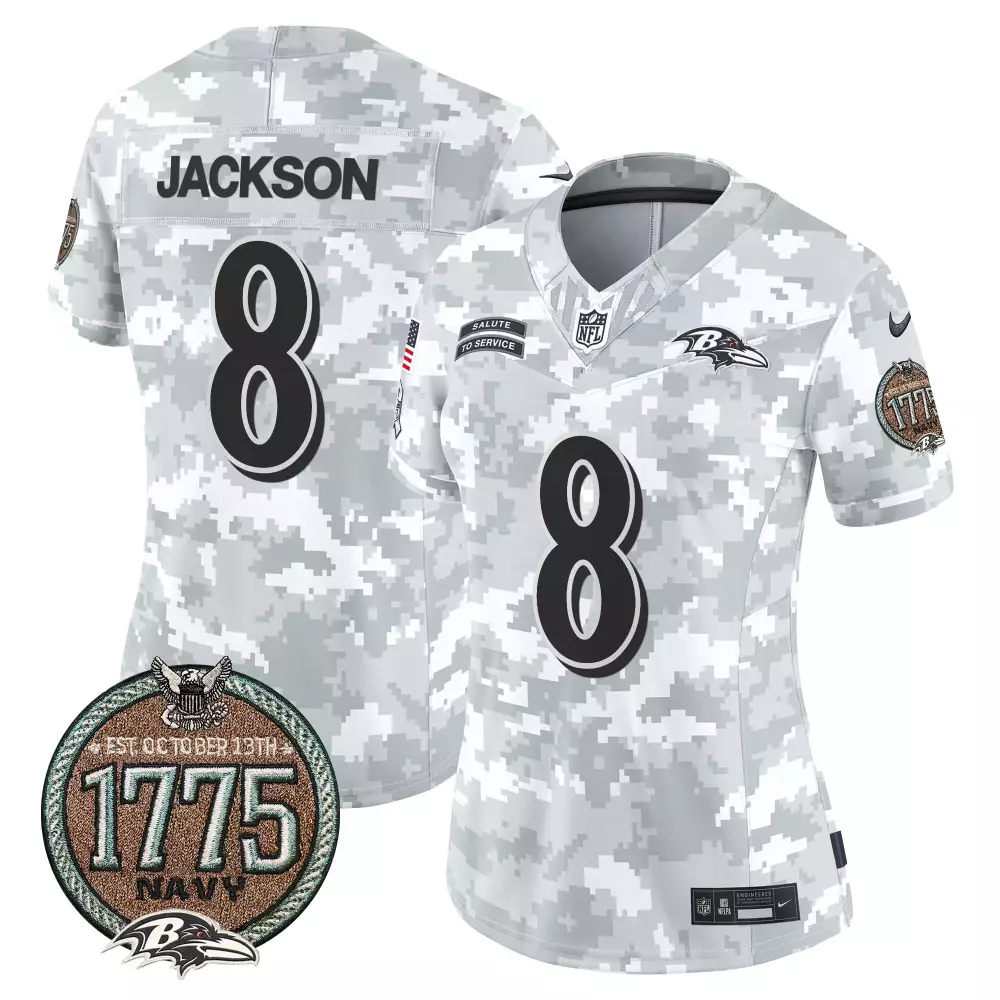 Lamar Jackson 8 Ravens Jersey White Salute To Service 1775 Navy Men NFL Alternate