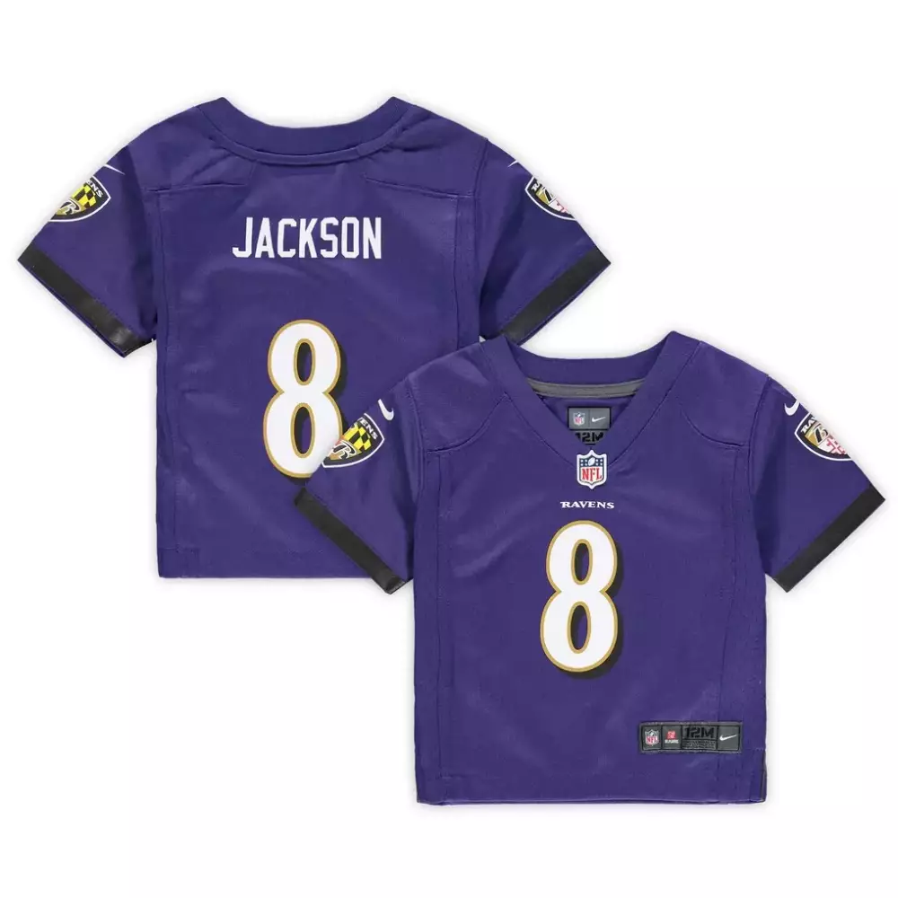 Lamar Jackson 8 Ravens Jersey Purple Kids Replica Black White Game