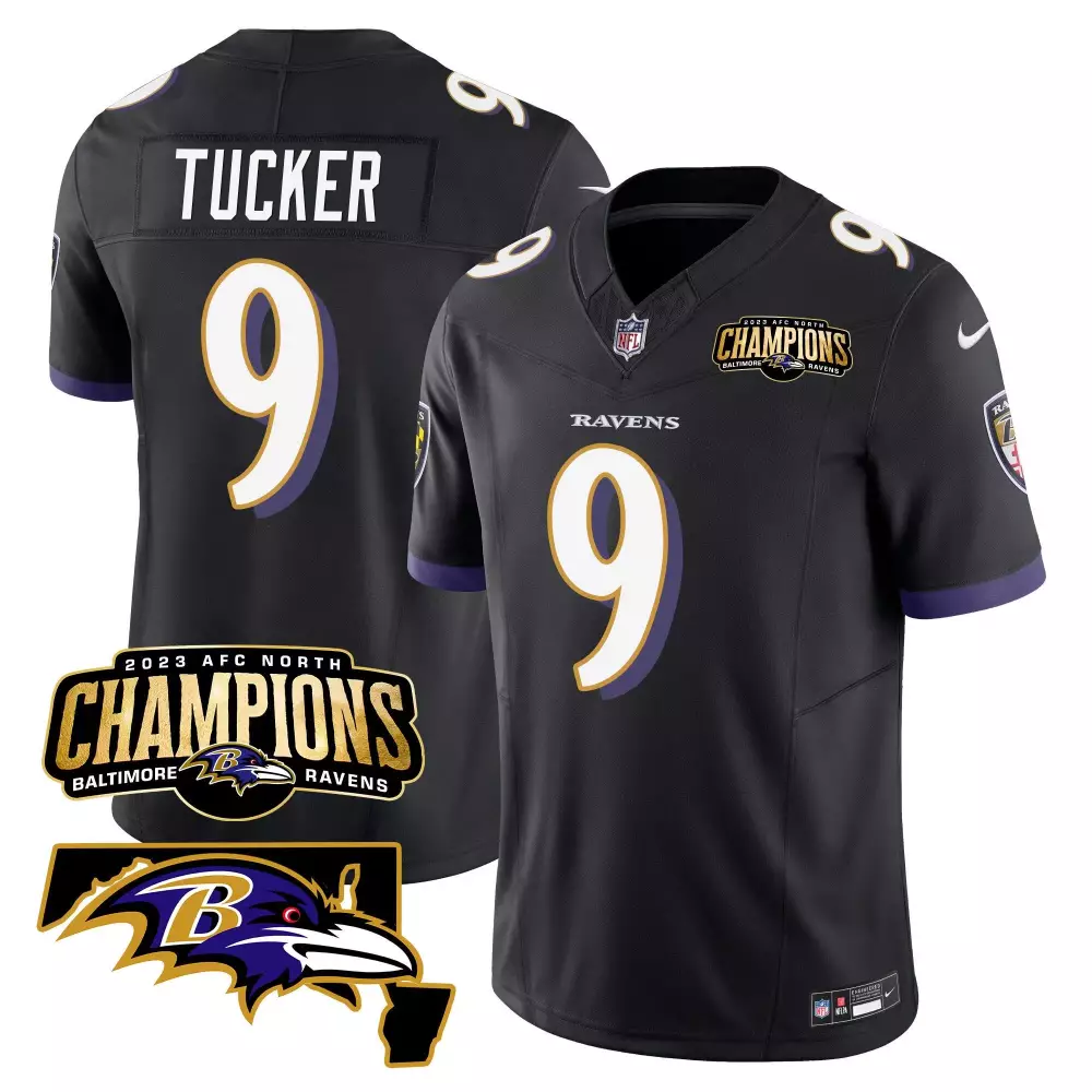 Justin Tucker 9 Baltimore Ravens Jersey Black 2023 AFC North Champions Men Purple