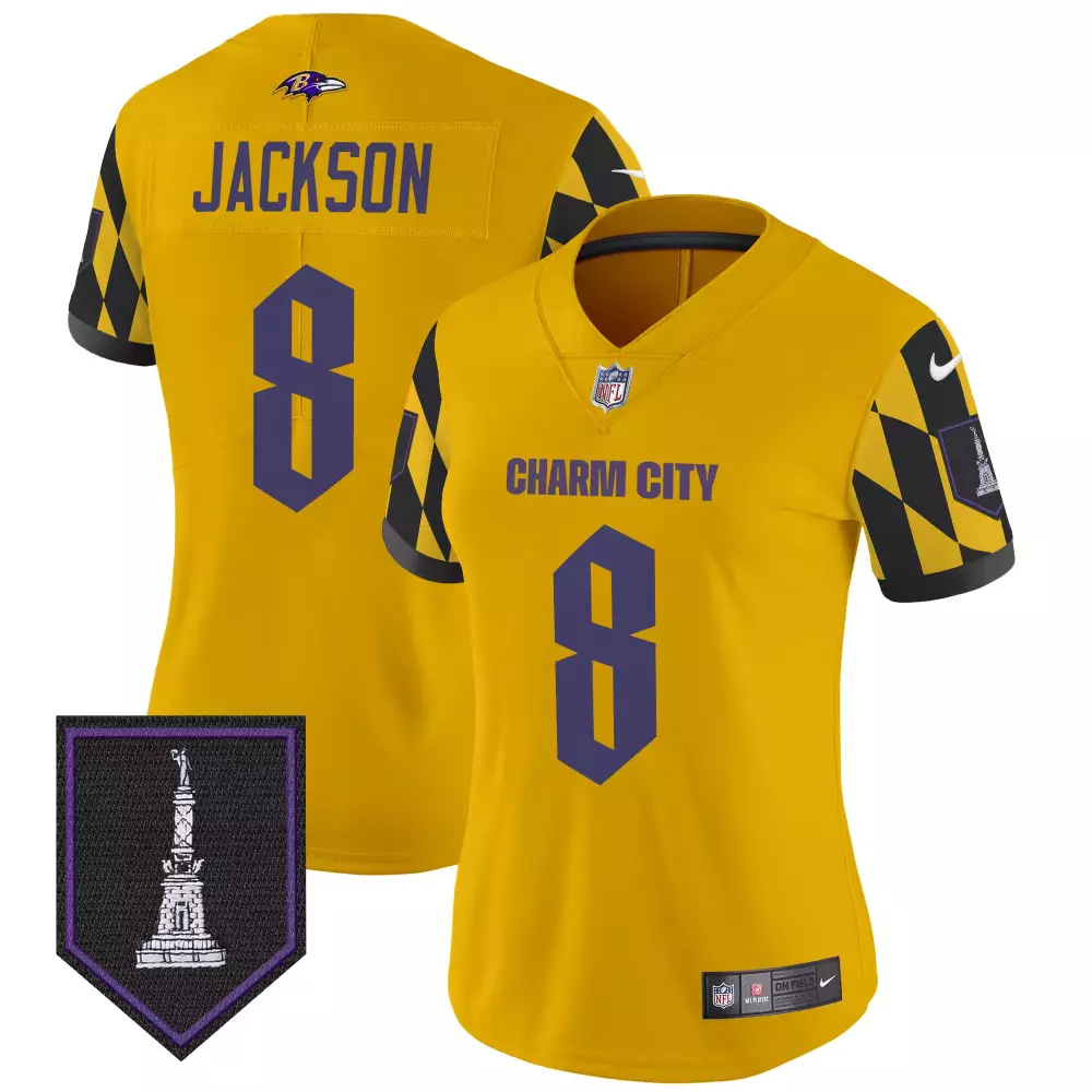 Lamar Jackson 8 Baltimore Ravens Jersey Yellow Monument Women NFL Alternate Purple