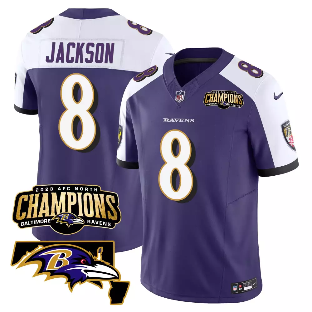 Lamar Jackson 8 Ravens Jersey Purple 2023 AFC North Champions Men White Black Alternate