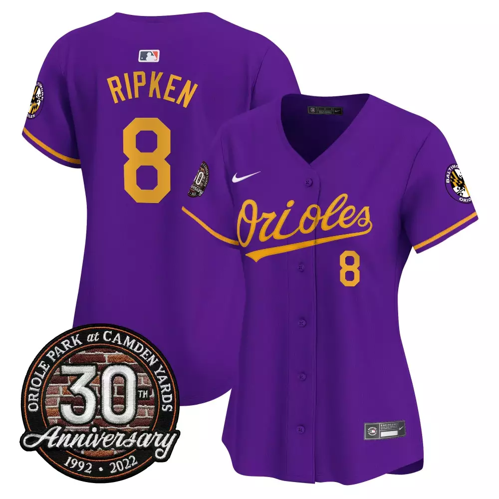Cal Ripken 8 Baltimore Orioles Jersey Purple Men Yellow Anniversary Vapor Premier
