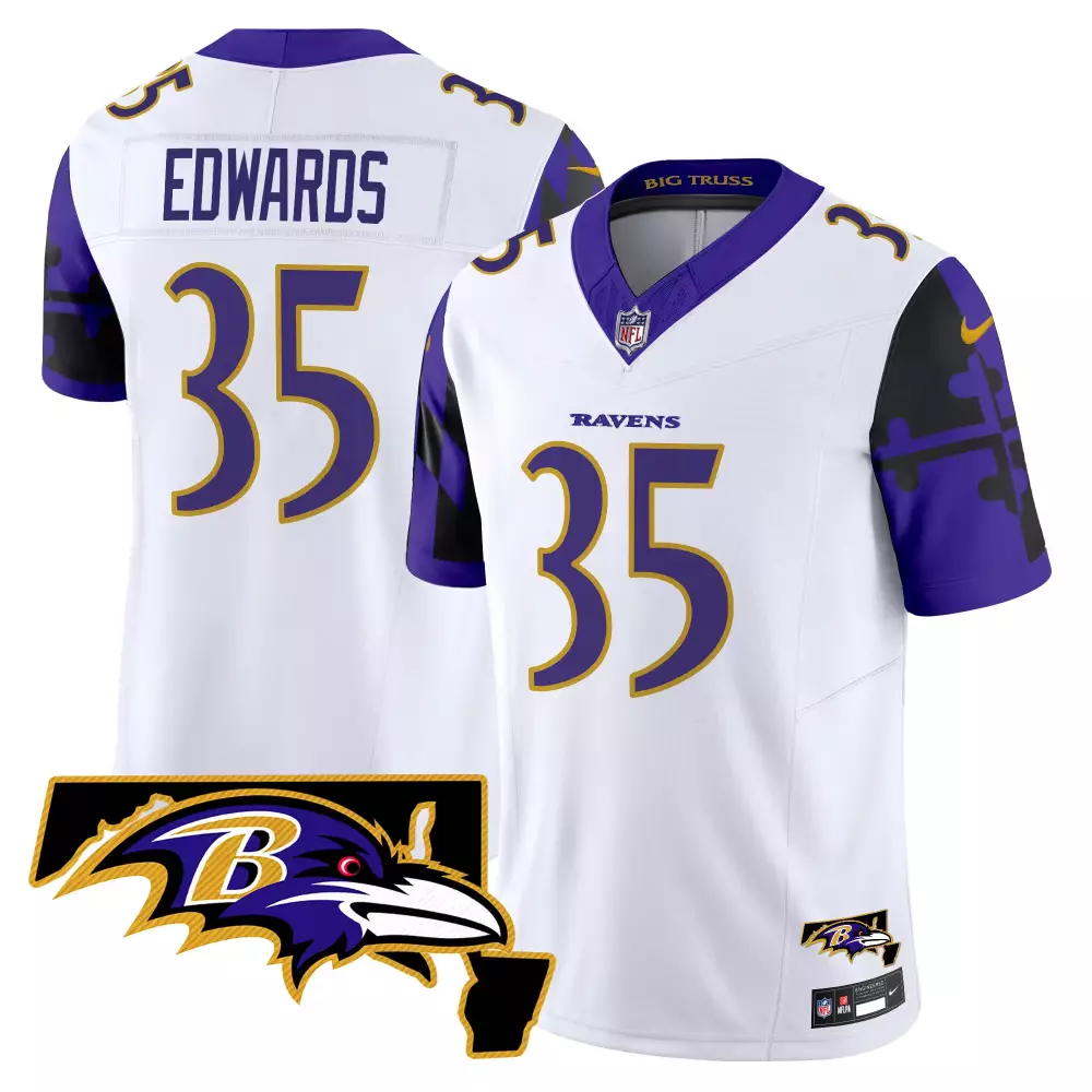 Gus Edwards 35 Ravens Jersey White Men Alternate Purple Black Gold Vapor Limited