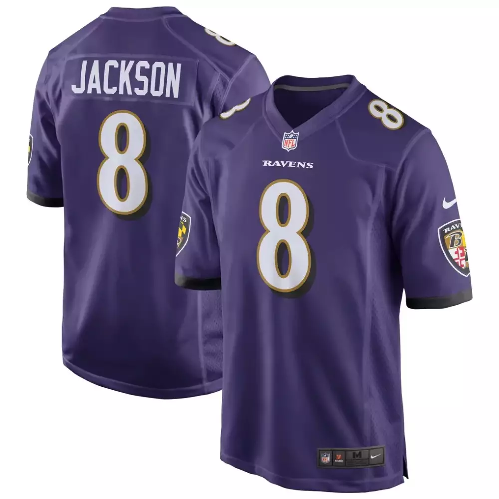 Lamar Jackson 8 Ravens Jersey Purple Team Men Replica White Gold Game