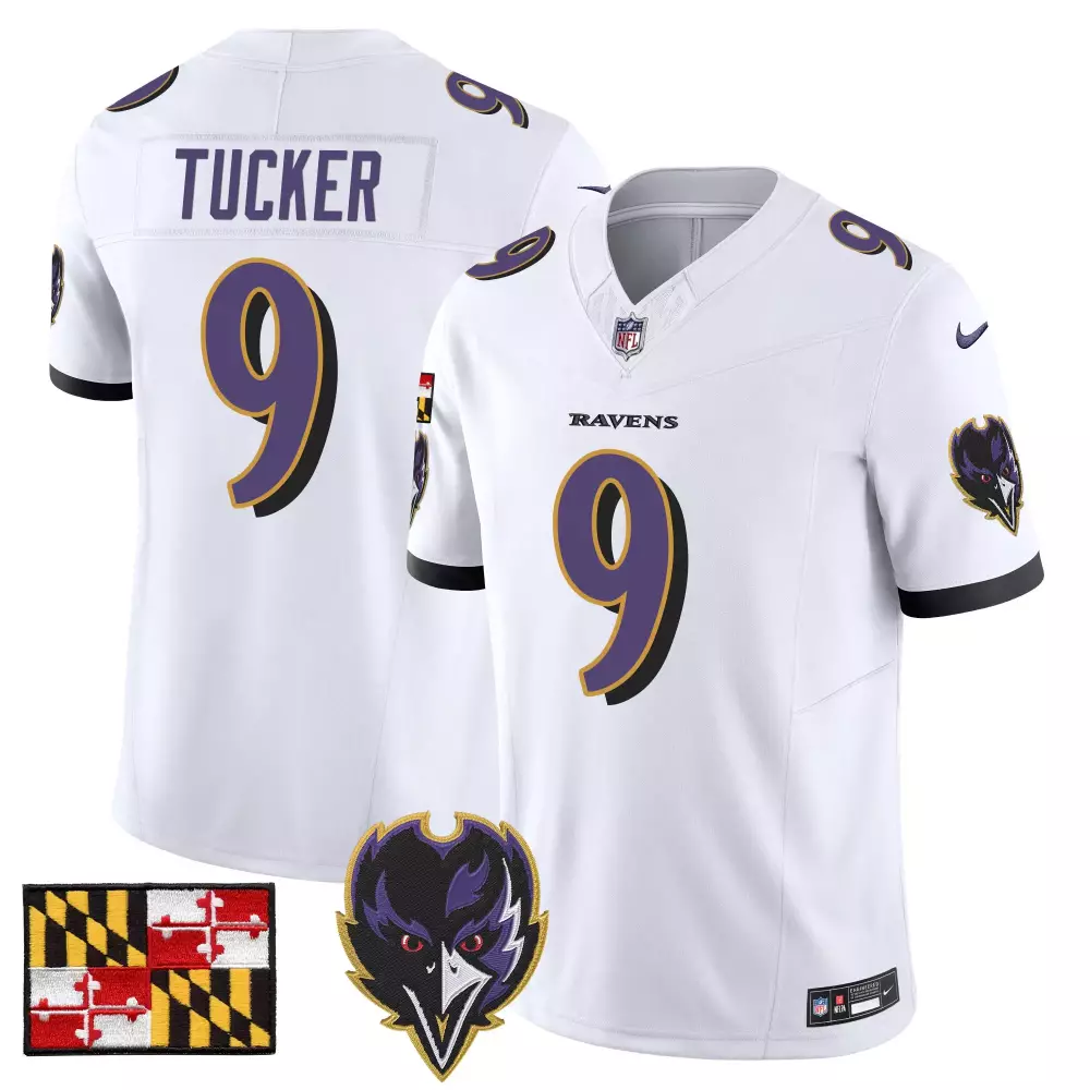 Justin Tucker 9 Ravens Jersey White Maryland Flag Men Purple Black Gold Vapor Limited
