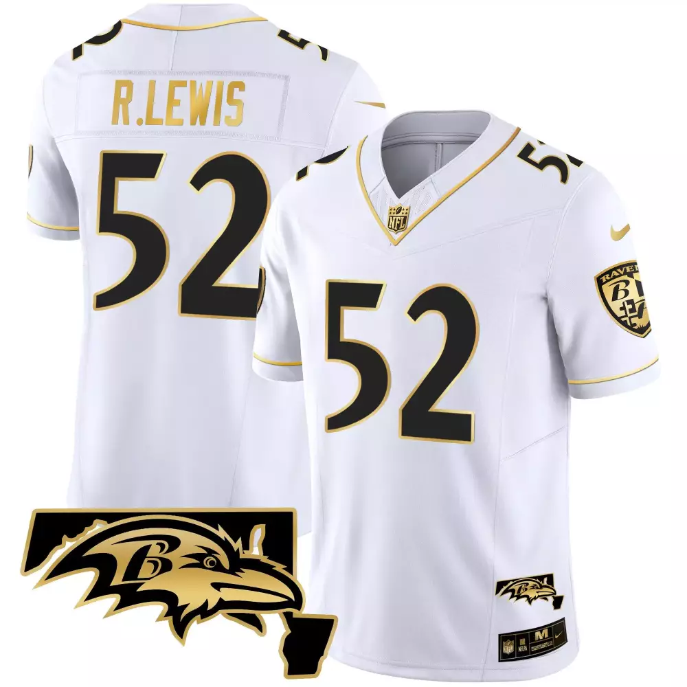 Ray Lewis 52 Baltimore Ravens Jersey White Men Black Gold Vapor All Stitched