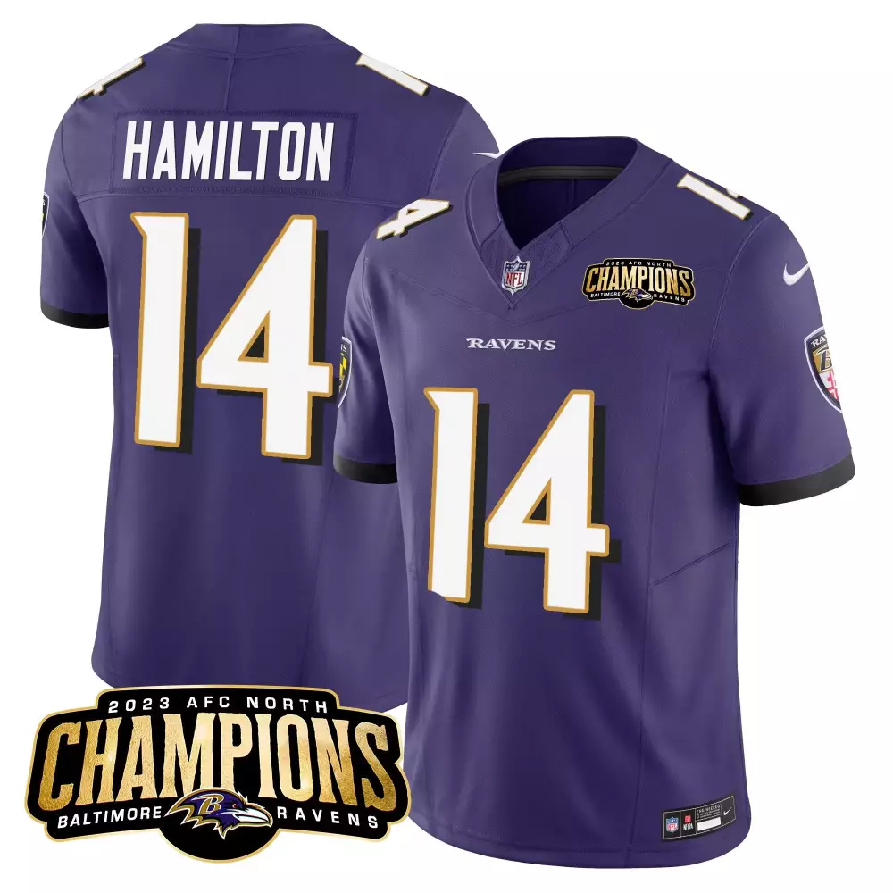 Kyle Hamilton 14 Baltimore Ravens Jersey Purple 2023 AFC North Champions Men White