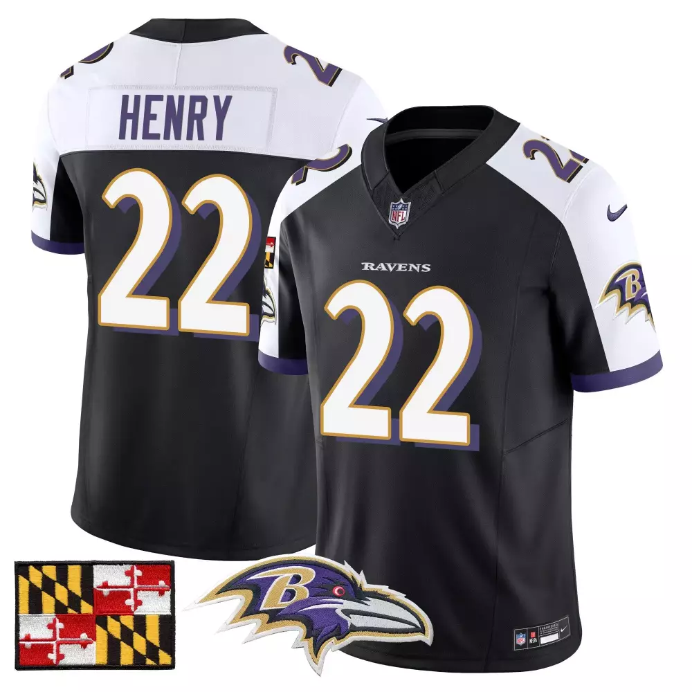 Derrick Henry 22 Ravens Jersey Black Maryland Flag Men Player White Purple Stitched