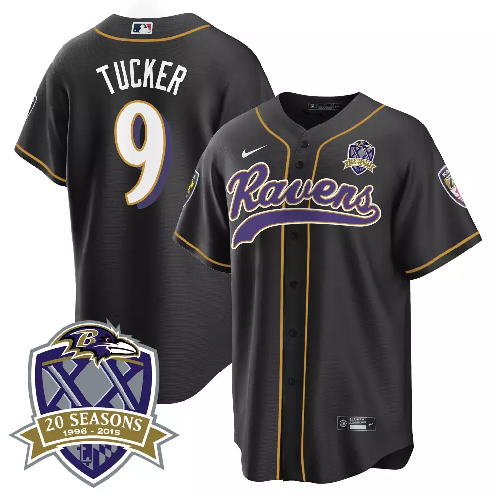 Justin Tucker 9 Ravens Jersey Black 20 Seasons 1996-2015 Men Purple Gold All Stitched