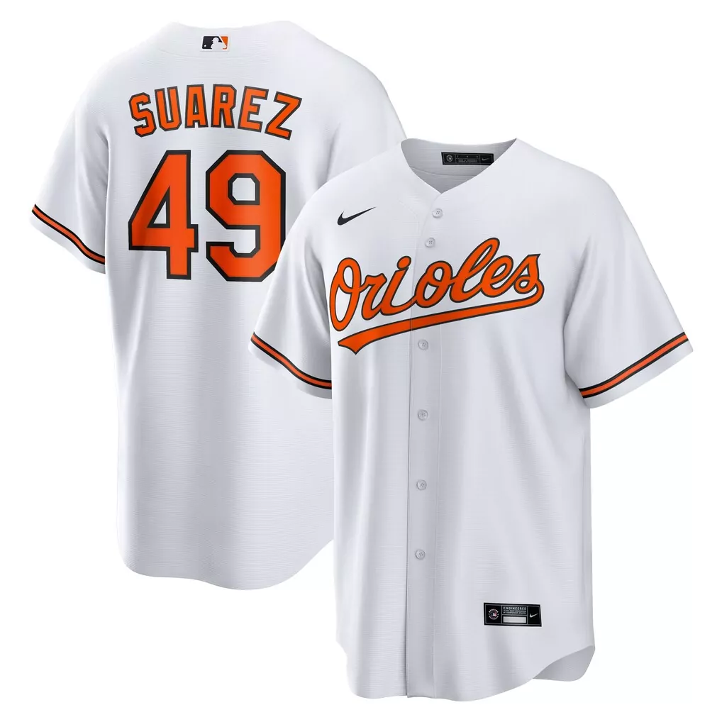 Albert Suarez 49 Orioles Jersey White Men Orange Black Home Replica