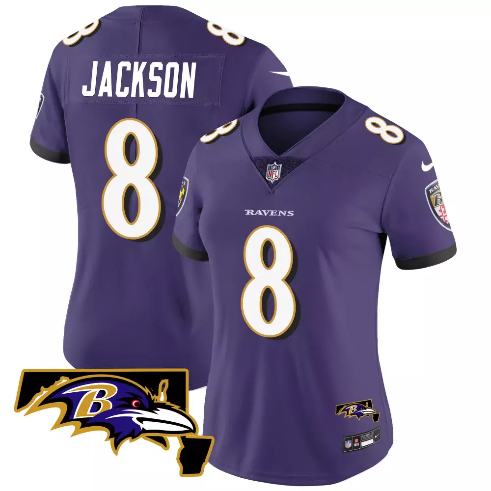Lamar Jackson 8 Ravens Jersey Purple Women White Gold Vapor Limited All Stitched
