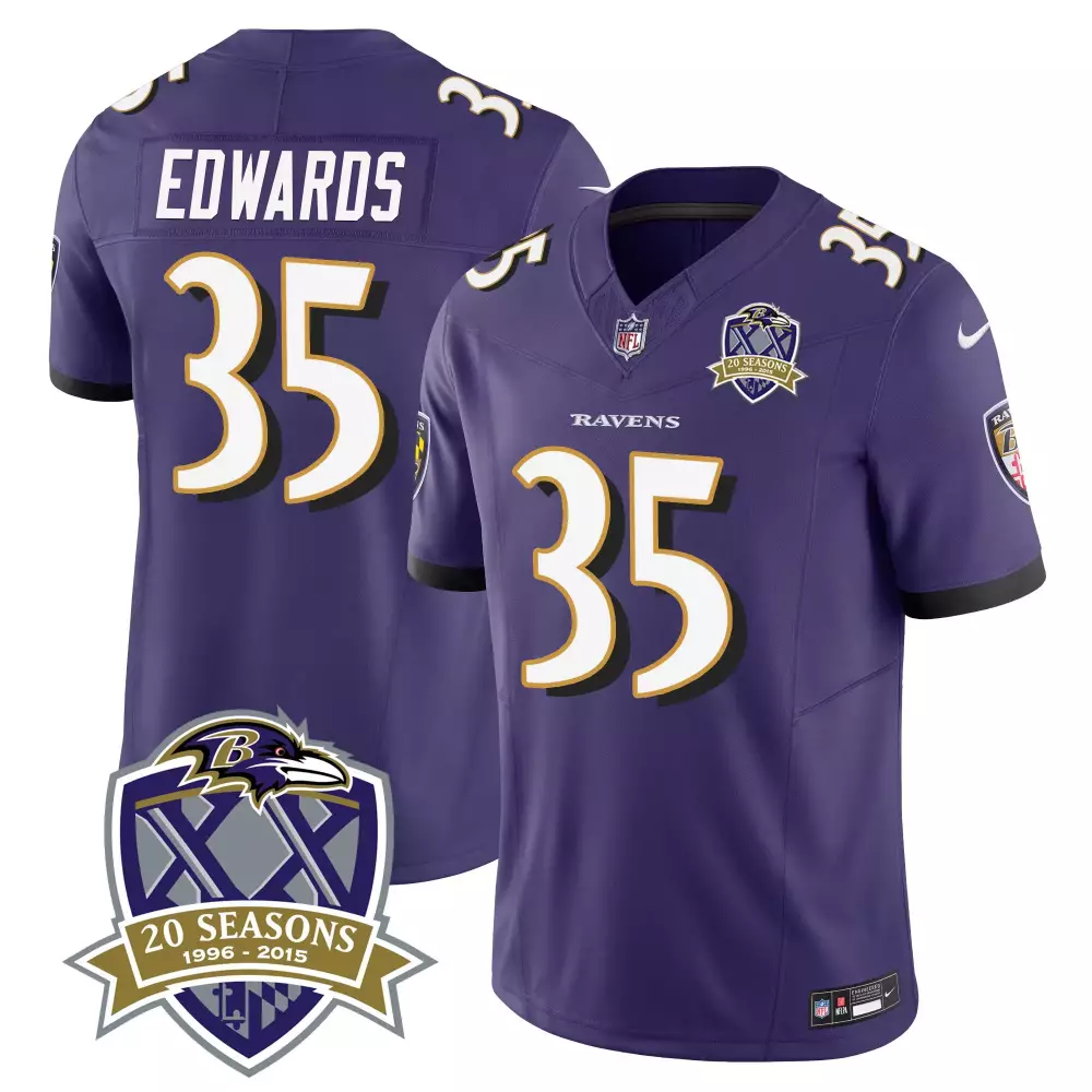 Gus Edwards 35 Baltimore Ravens Jersey Purple 20 Seasons 1996-2015 Men White Gold