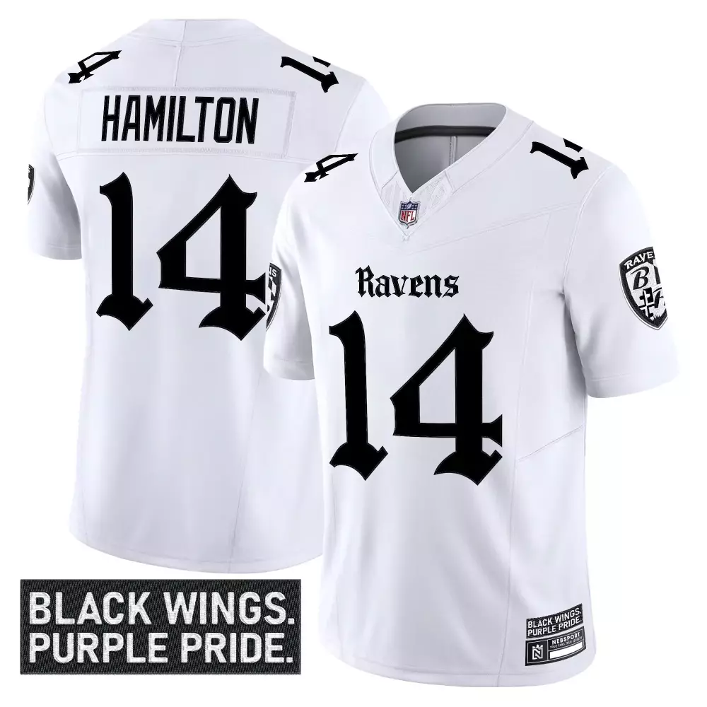 Kyle Hamilton 14 Ravens Jersey White Black Wings. Purple Pride. Men Vapor Limited