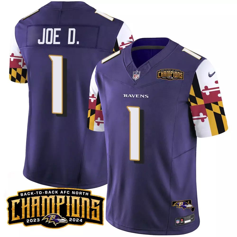 Joe D 1 Ravens Jersey Purple AFC North Champions 2023-2024 Men NFL White Gold Black