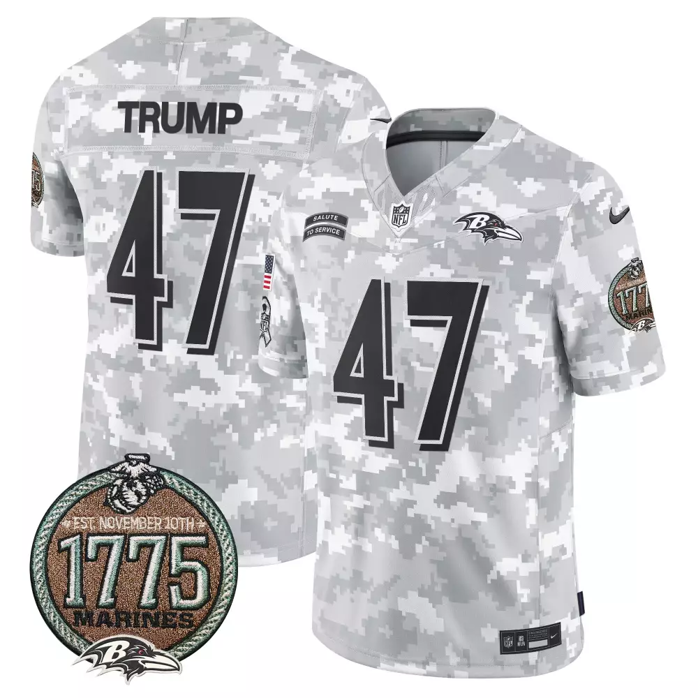 Donald Trump 47 Baltimore Ravens Jersey White Salute To Service Us Flag 1775 Marines