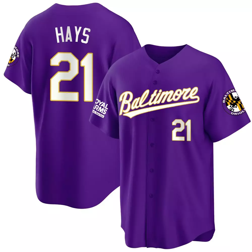 Austin Hays 21 Baltimore Orioles Jersey Purple City Connect Royal Arms Sponsor 2023