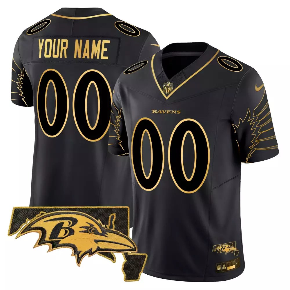 Custom Ravens Jersey Black And Gold Maryland Outline Vapor Limited v2 All Stitched