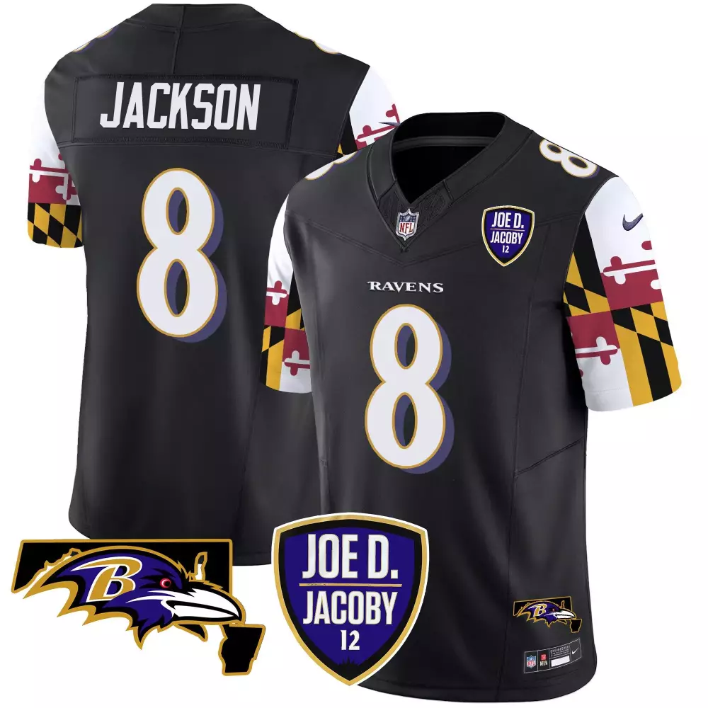 Lamar Jackson 8 Ravens Jersey Black Men Split Design White Purple Gold Vapor Limited