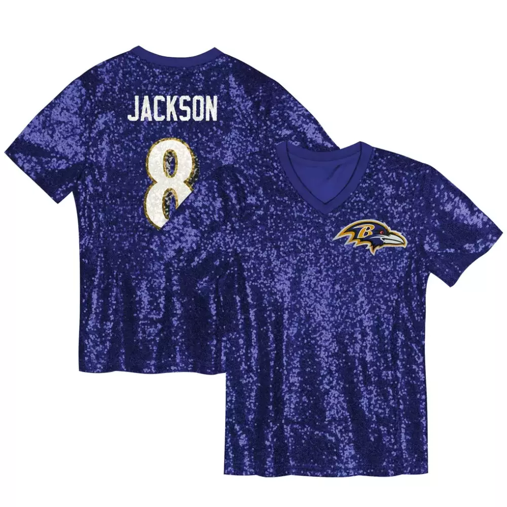 Lamar Jackson 8 Baltimore Ravens Jersey Purple Women Sequin White Gold Fashion