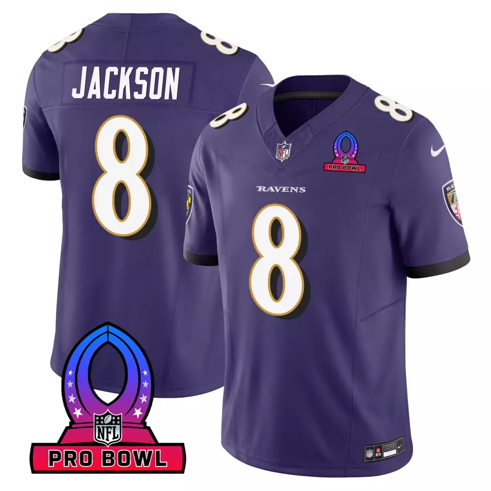 Lamar Jackson 8 Ravens Jersey Purple Pro Bowl Men Authentic White Gold Vapor All