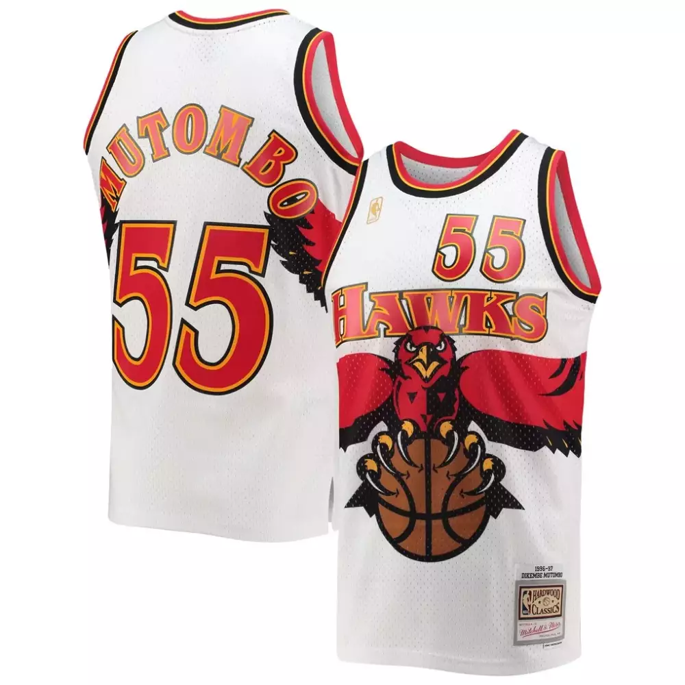 Dikembe Mutombo 55 Hawks Jersey White 1996-97 Hardwood Classics Men Red Gold Black
