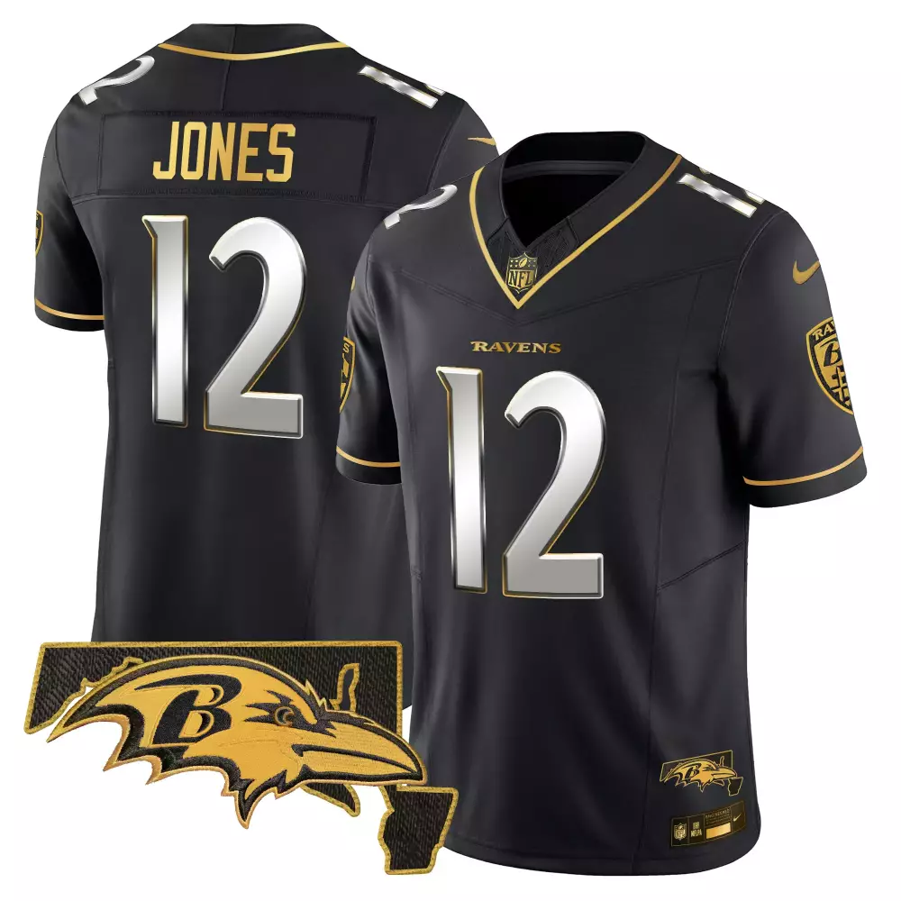 Jones 12 Ravens Jersey Black Men Gold Silver Limited Vapor All Stitched