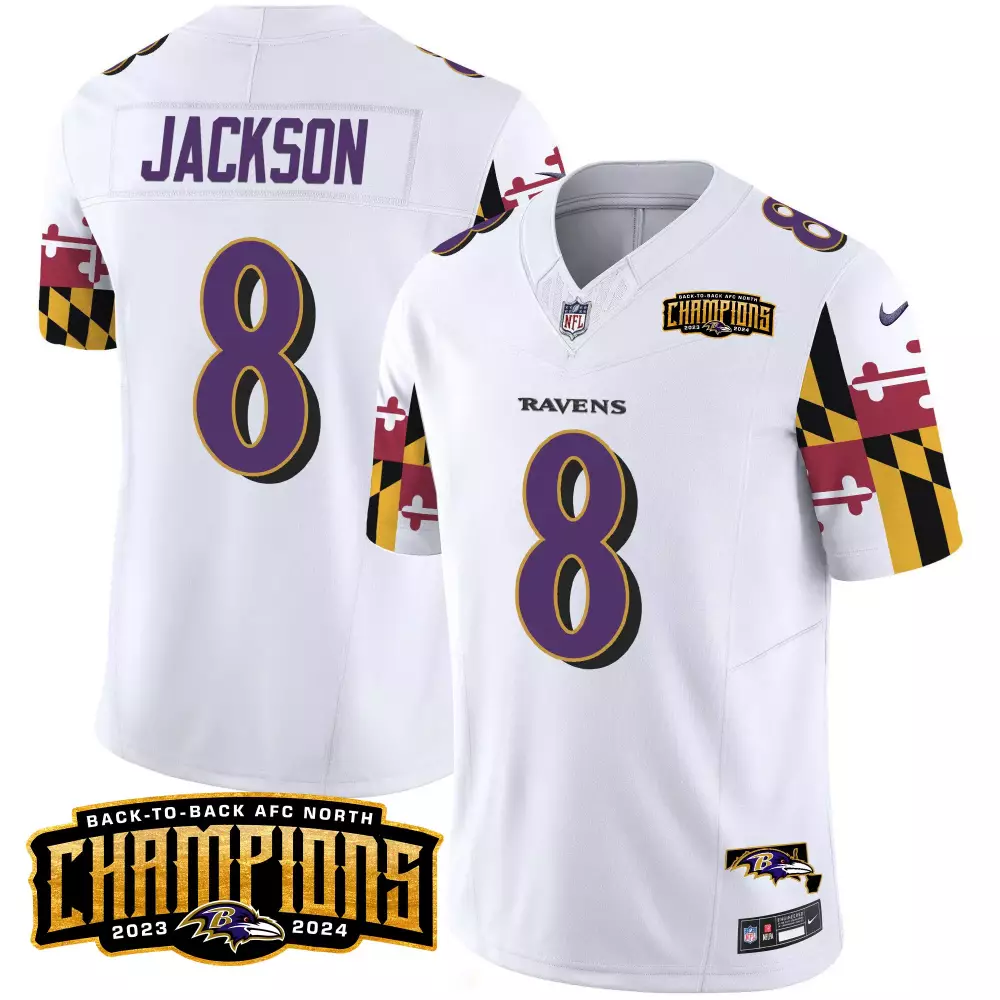 Lamar Jackson 8 Ravens Jersey White Back-to-back AFC North Champions Men Purple Black