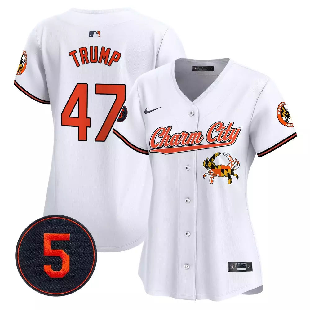 Donald Trump 47 Baltimore Orioles Jersey White City Connect Charm Crab Women Orange