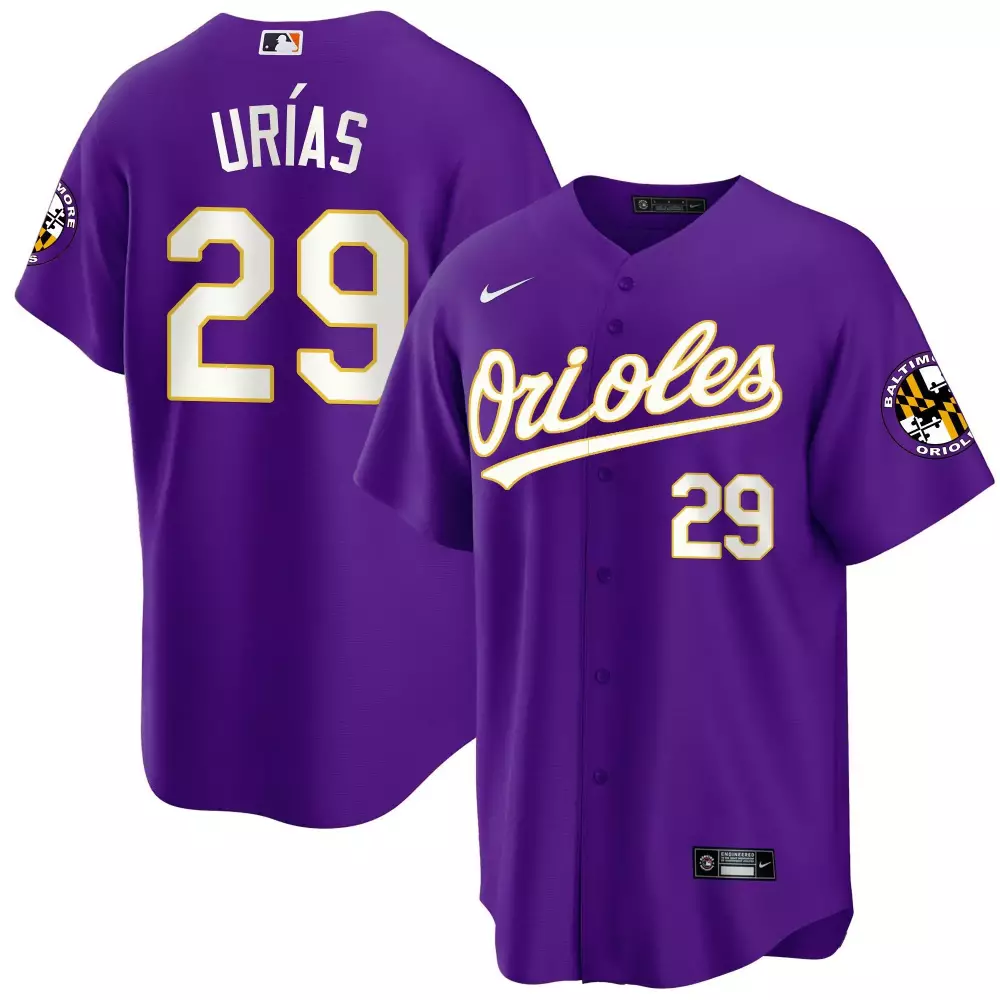 Ramon Uriass 29 Orioles Jersey Purple Baltimore Flag Men Gold White Cool All Stitched
