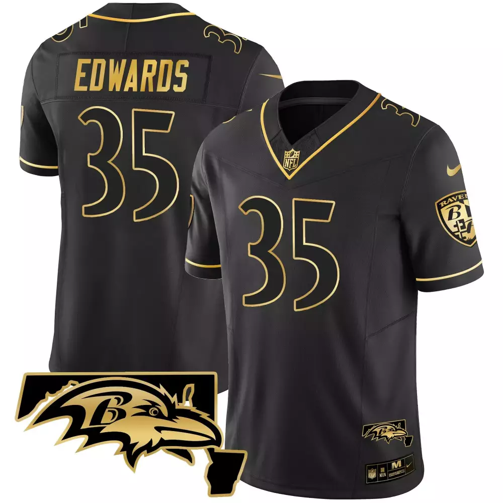 Gus Edwards 35 Ravens Jersey Black Men Gold Vapor All Stitched