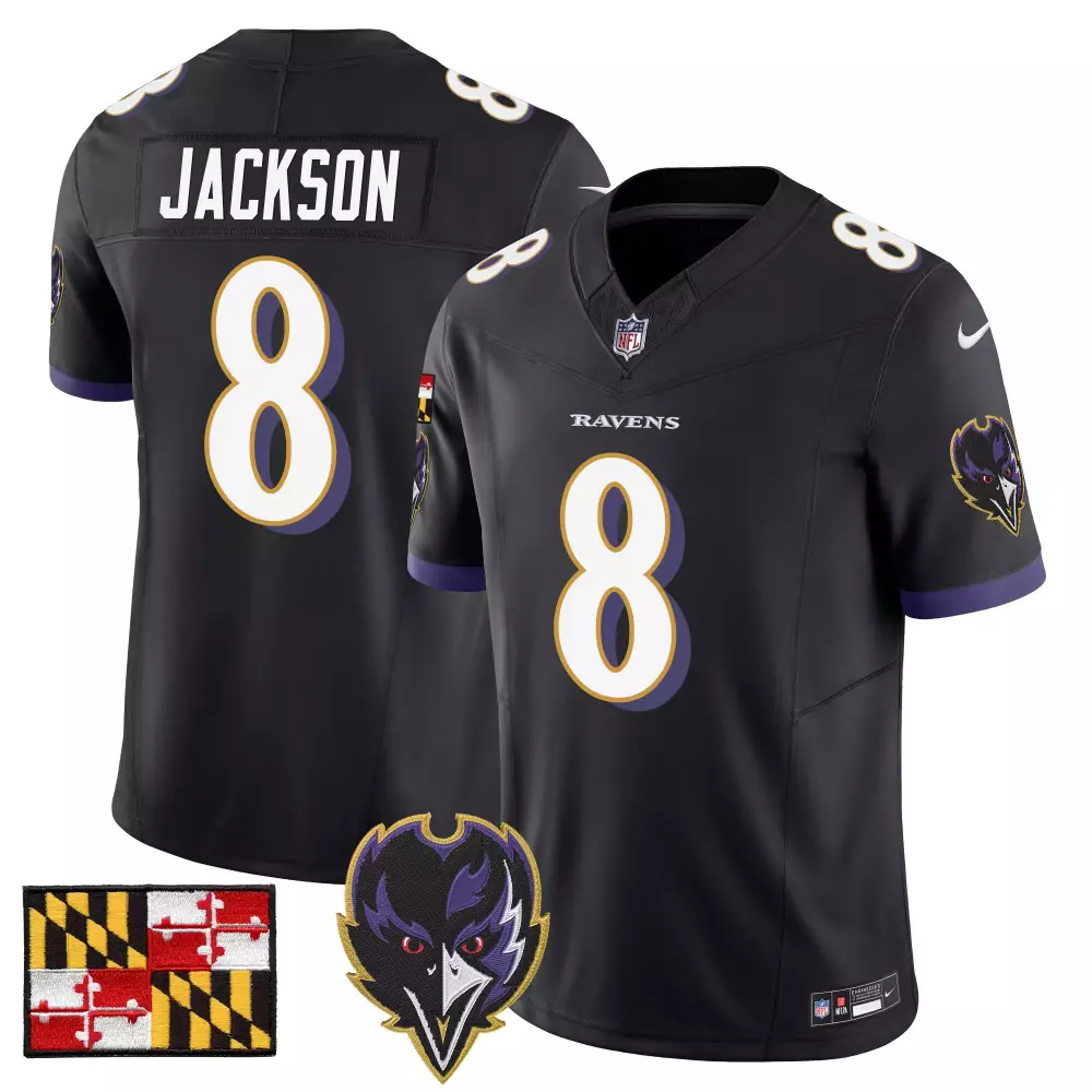 Lamar Jackson 8 Ravens Jersey Black Maryland Flag Men Purple White Gold Vapor Limited