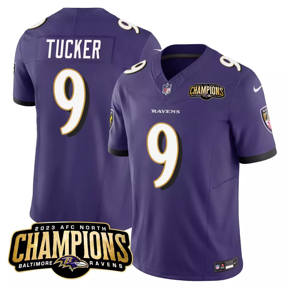 Justin Tucker 9 Baltimore Ravens Jersey Purple 2023 AFC North Champions Men Player
