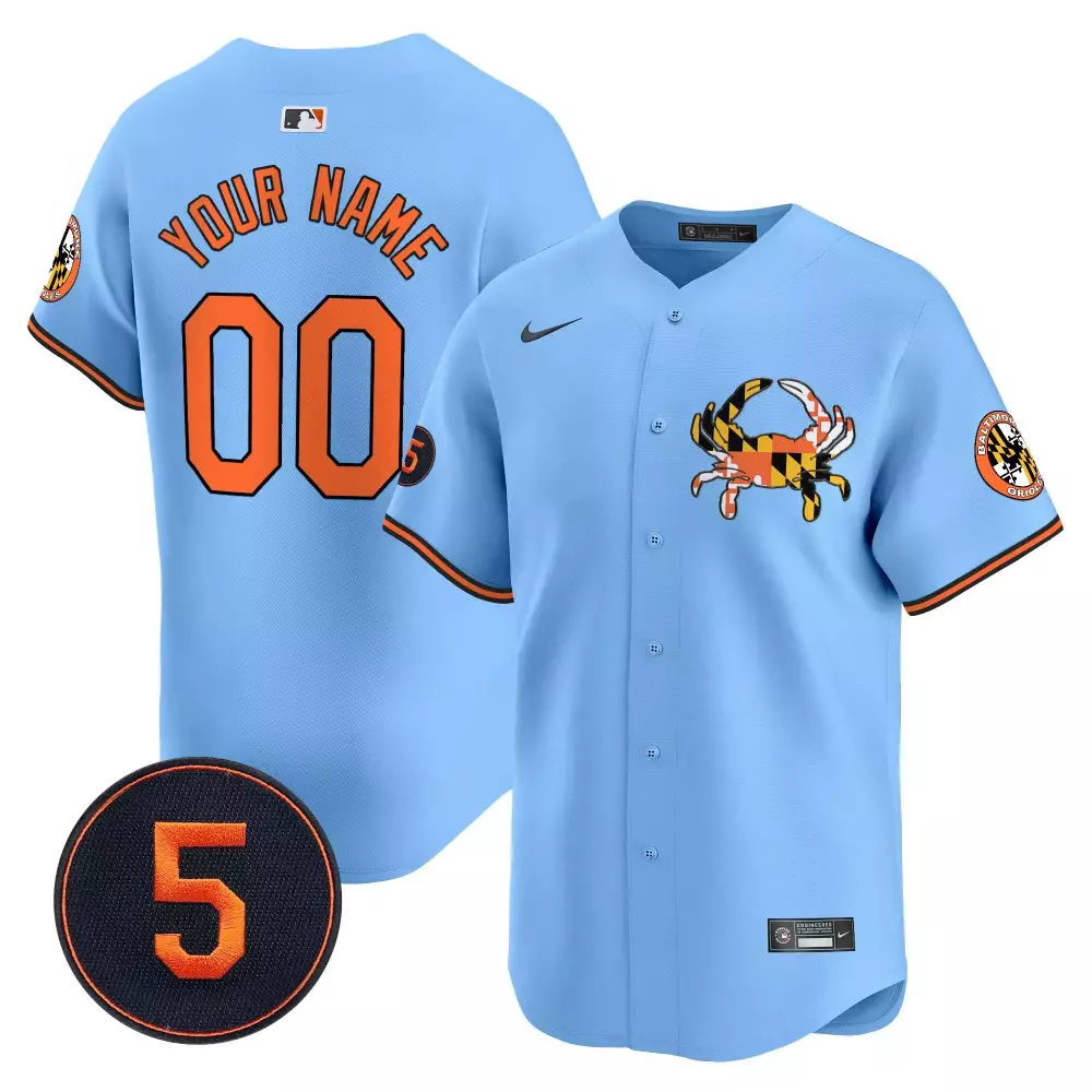 Custom Baltimore Orioles Jersey Light Blue City Connect Maryland Flag Crab Men Alternate