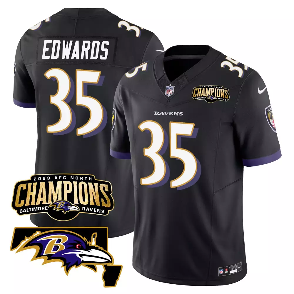 Gus Edwards 35 Baltimore Ravens Jersey Black AFC North Champions 2023 Men Player