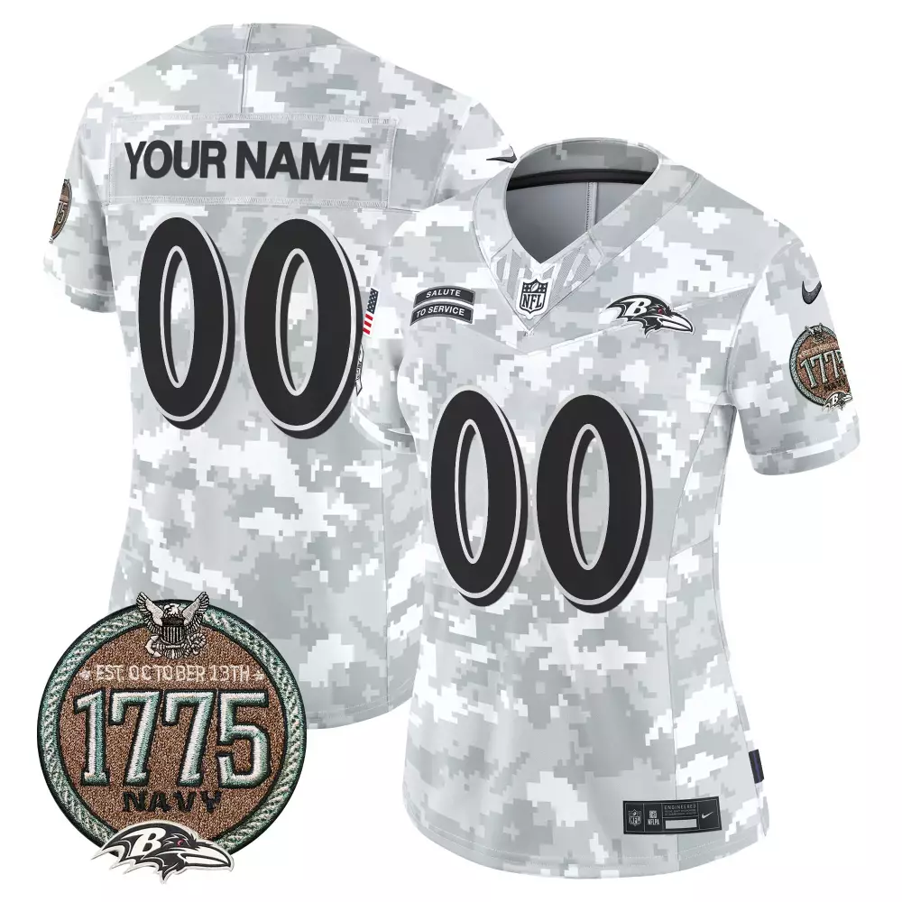 Custom Baltimore Ravens Jersey White Salute To Service 1775 Navy Women Digital Camouflage