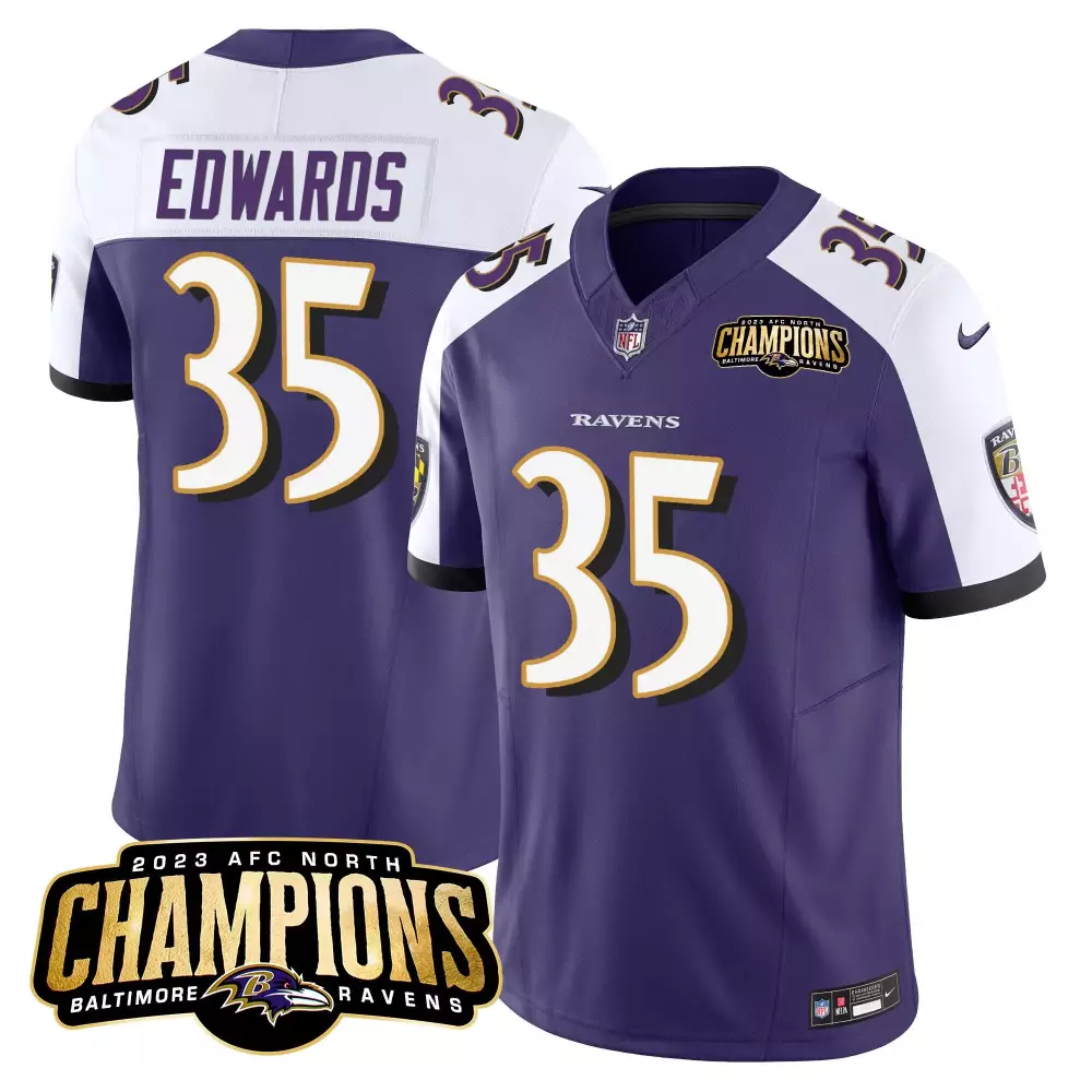Gus Edwards 35 Baltimore Ravens Jersey Purple AFC North Champions 2023 Men White