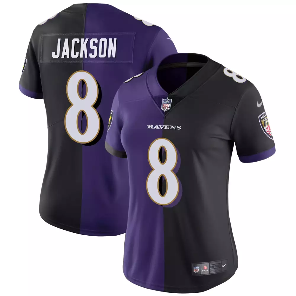Lamar Jackson 8 Ravens Jersey Black Women Split Design Purple Vapor All Stitched