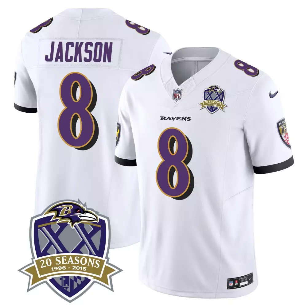 Lamar Jackson 8 Ravens Jersey White 20 Seasons 1996 2015 Men Player Purple Black
