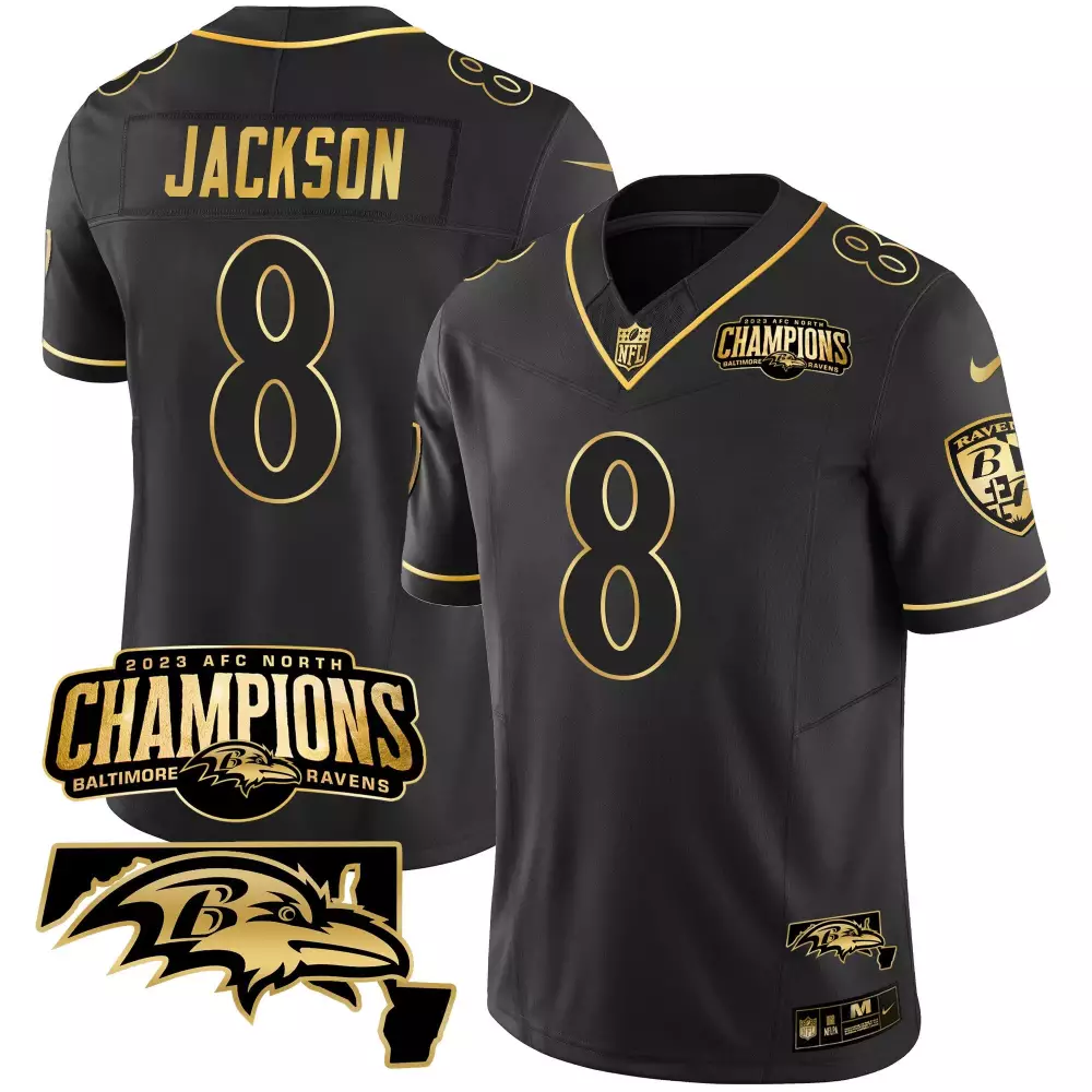 Lamar Jackson 8 Baltimore Ravens Jersey Black AFC North Champions 2023 Men Replica