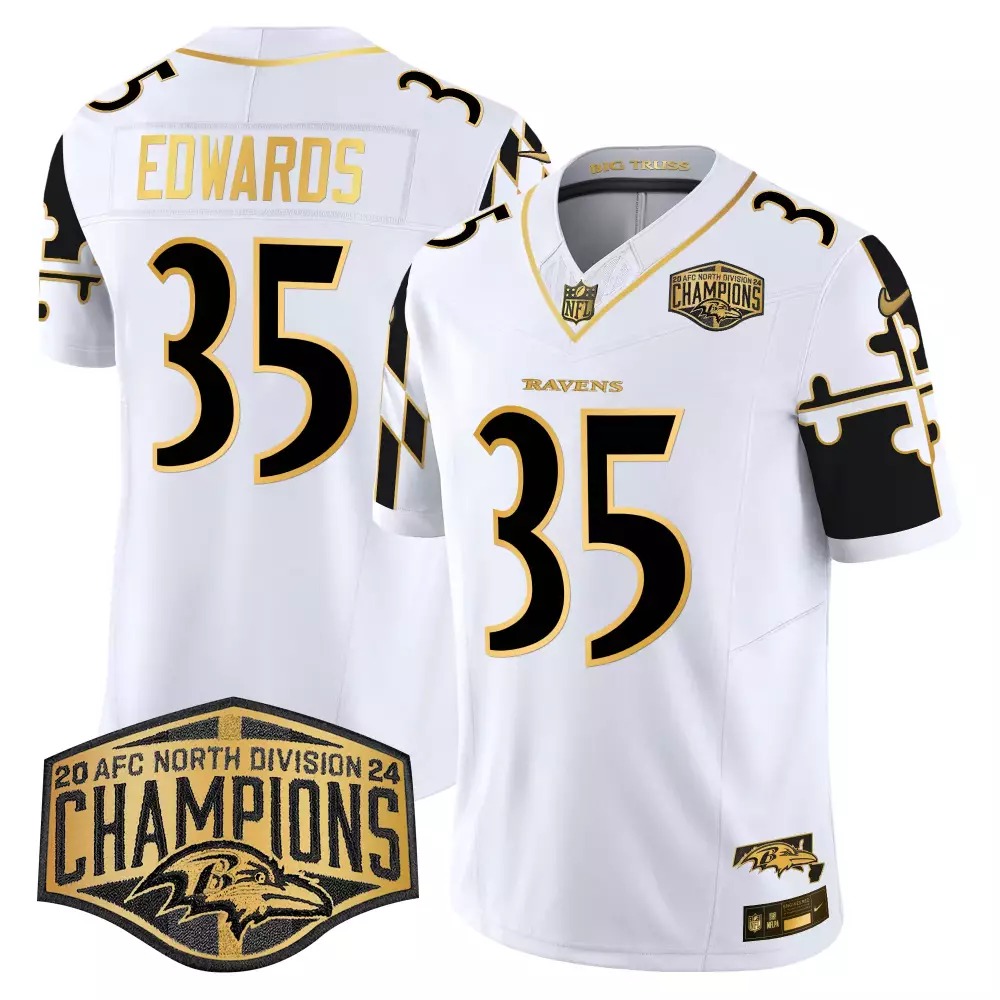 Gus Edwards 35 Ravens Jersey White Men Replica Black Gold Vapor