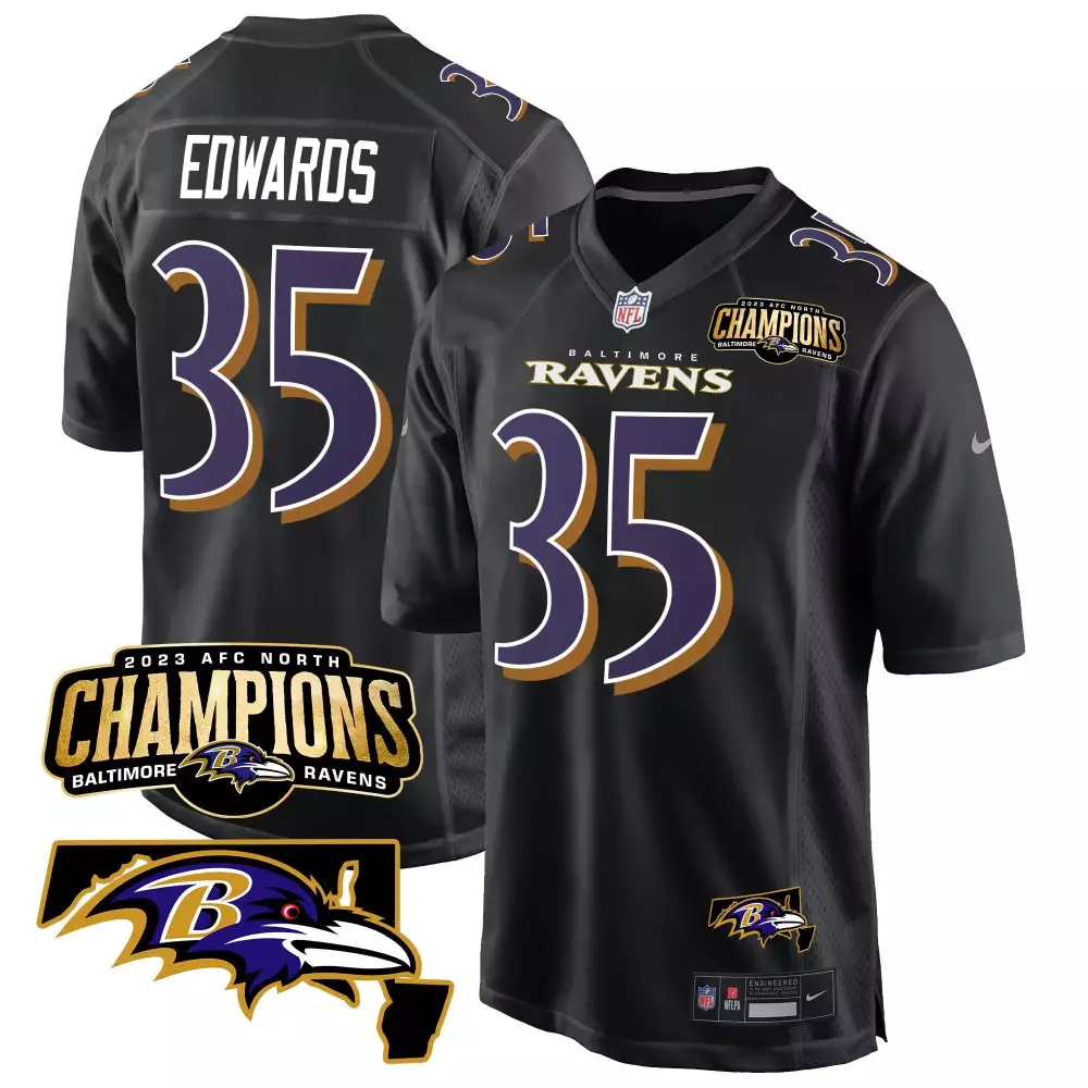 Gus Edwards 35 Baltimore Ravens Jersey Black 2023 AFC North Champions Men Purple