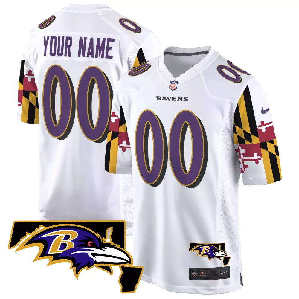 Custom Ravens Jersey White Maryland Flag Men Standard Purple Gold Game All Stitched