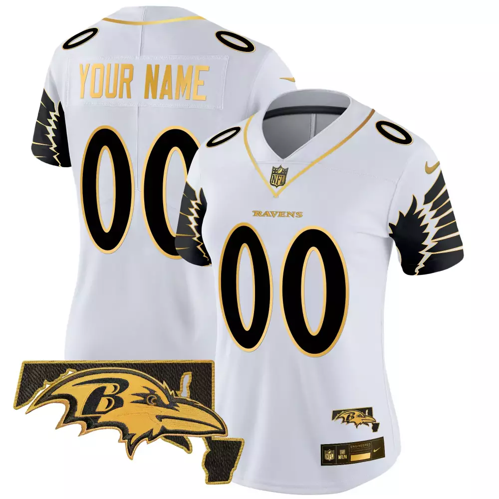 Custom Ravens Jersey White Women Game Black Gold Vapor Limited v2 All Stitched