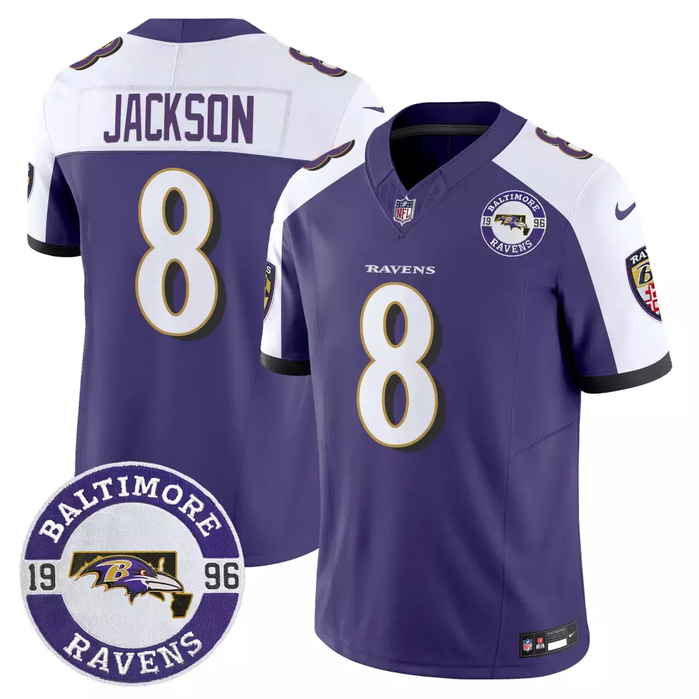Lamar Jackson 8 Baltimore Ravens Jersey Purple 1996 Inaugural Season Men Nike Vapor Limited