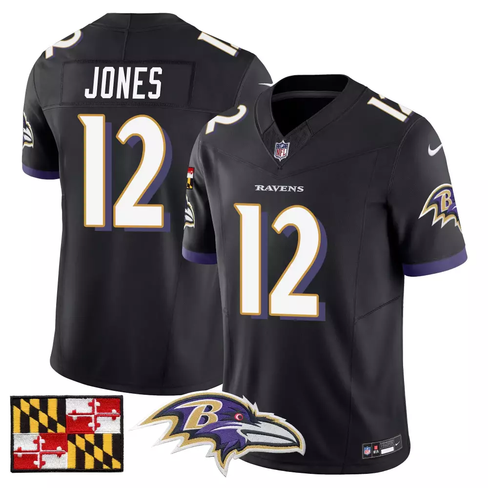 Carl Jones 12 Ravens Jersey Black Maryland Flag Men Replica Purple White Vapor Limited