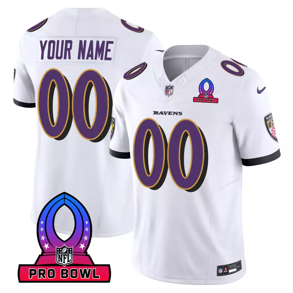 Custom Ravens Jersey White Pro Bowl Men Authentic Purple Gold Vapor All Stitched