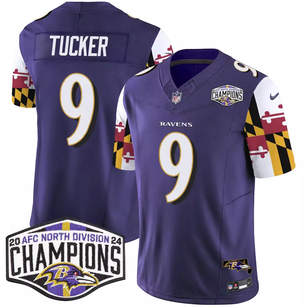 Justin Tucker 9 Ravens Jersey Purple AFC North Division Champions Men NFL White Gold